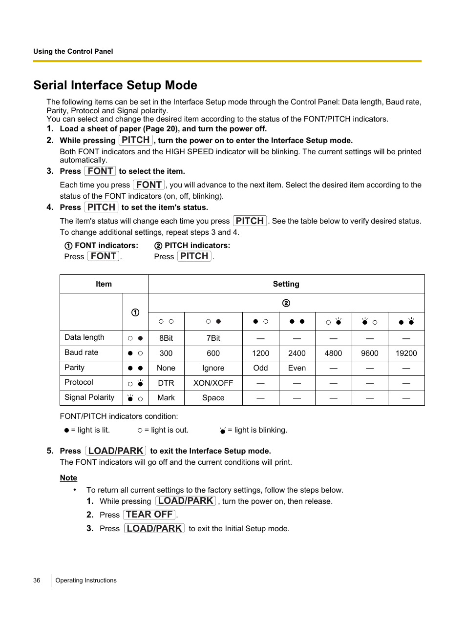 Serial interface setup mode | Panasonic KX-P1131E User Manual | Page 36 / 49