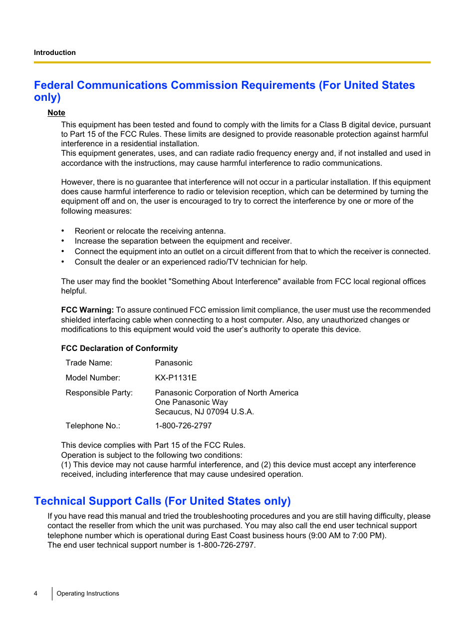 Technical support calls (for united states only) | Panasonic KX-P1131E User Manual | Page 4 / 49