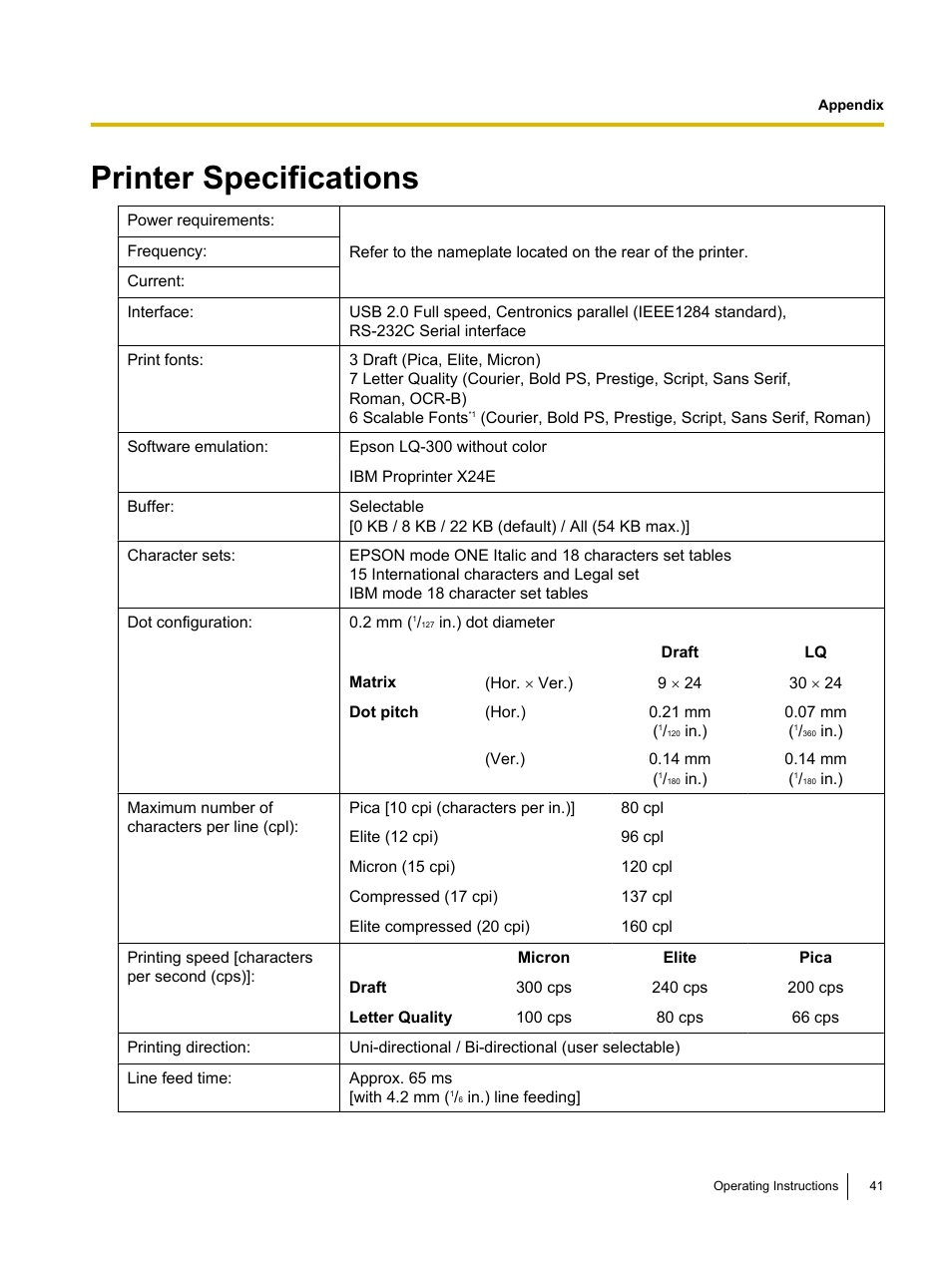 Appendix, Printer specifications | Panasonic KX-P1131E User Manual | Page 41 / 49