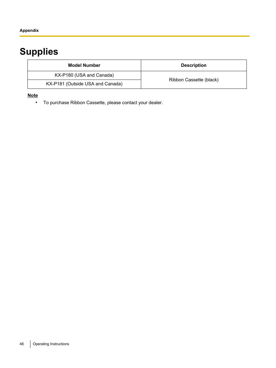 Supplies | Panasonic KX-P1131E User Manual | Page 46 / 49