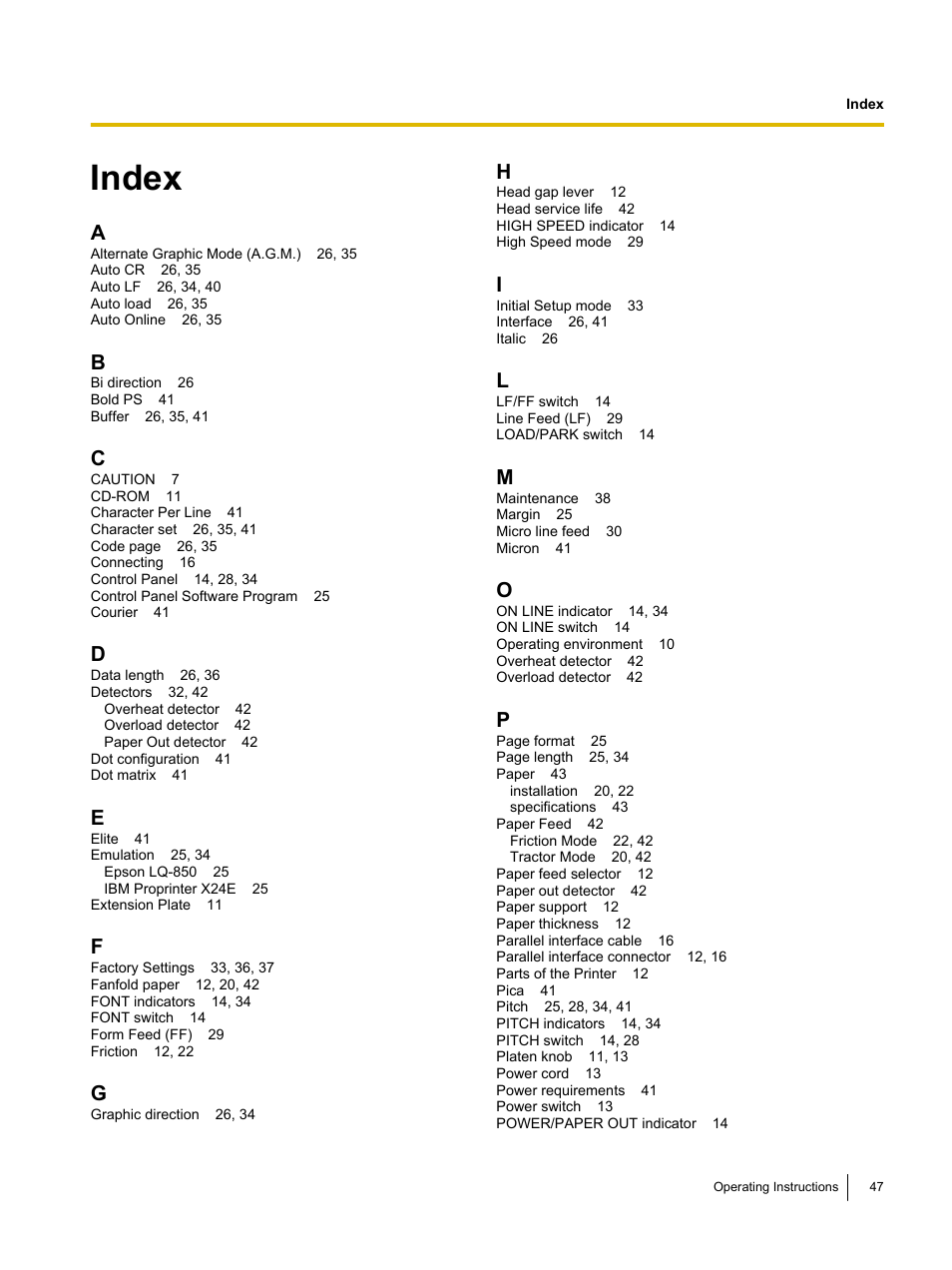 Index | Panasonic KX-P1131E User Manual | Page 47 / 49