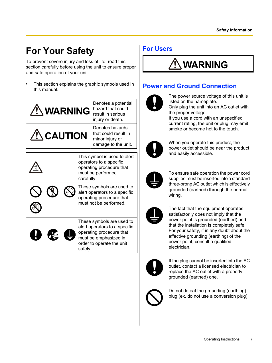 Safety information, For your safety, Warning | Caution | Panasonic KX-P1131E User Manual | Page 7 / 49