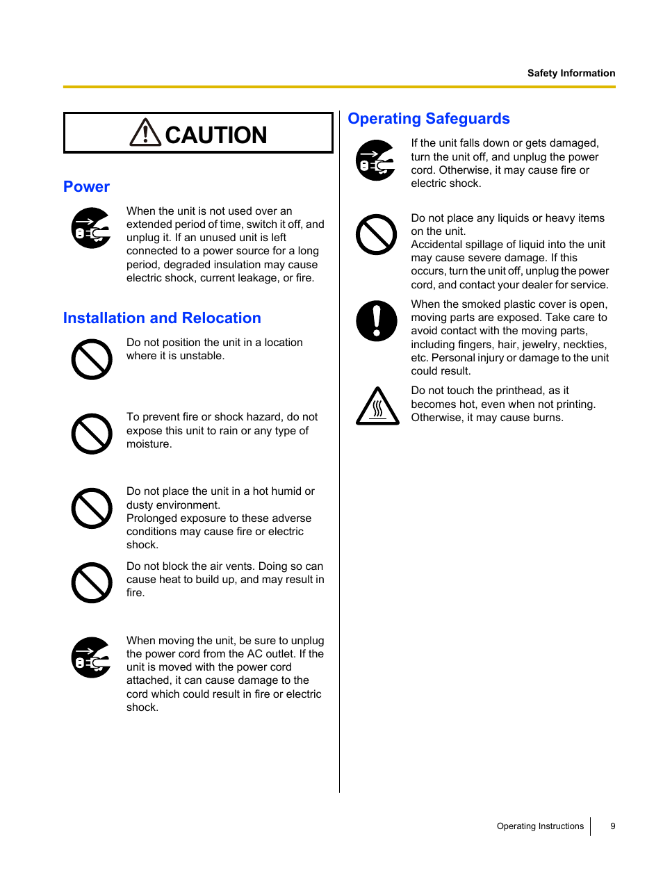 Caution, Power, Installation and relocation | Operating safeguards | Panasonic KX-P1131E User Manual | Page 9 / 49