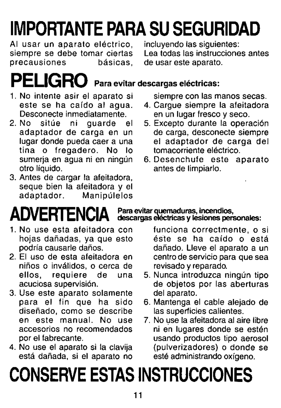 Importante para su seguridad, Peugro, Advertencia | Conserve estas instrucciones | Panasonic ES8080 User Manual | Page 11 / 17