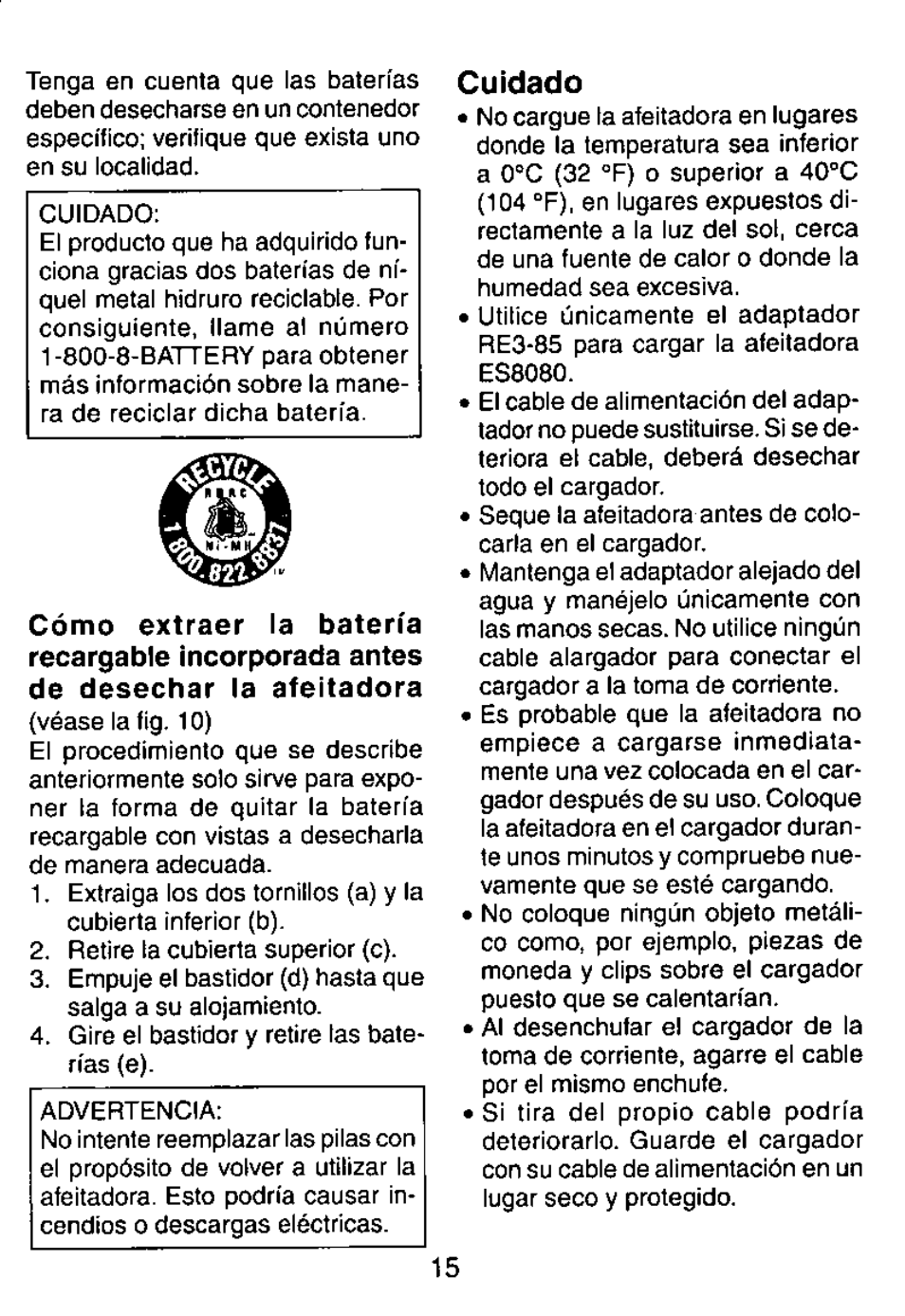 Cuidado | Panasonic ES8080 User Manual | Page 15 / 17