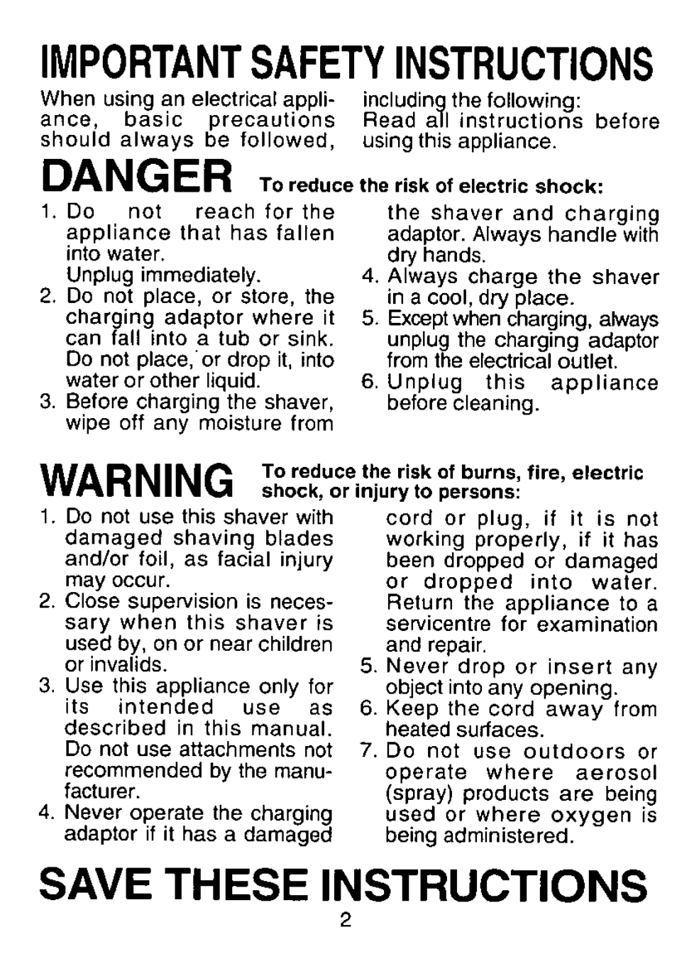 Important safety instructions, Save these instructions, Danger | Warning | Panasonic ES8080 User Manual | Page 2 / 17