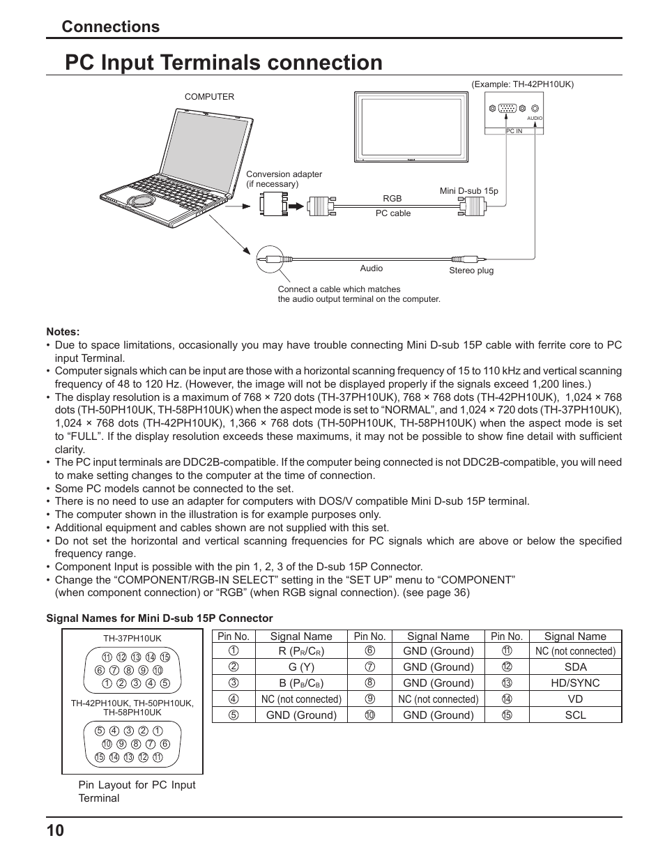 Pc input terminals connection, Connections | Panasonic TH-37PH10UK User Manual | Page 10 / 53