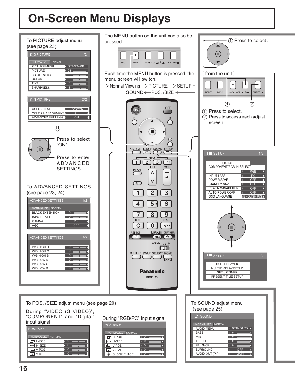 On-screen menu displays, Press to select | Panasonic TH-37PH10UK User Manual | Page 16 / 53