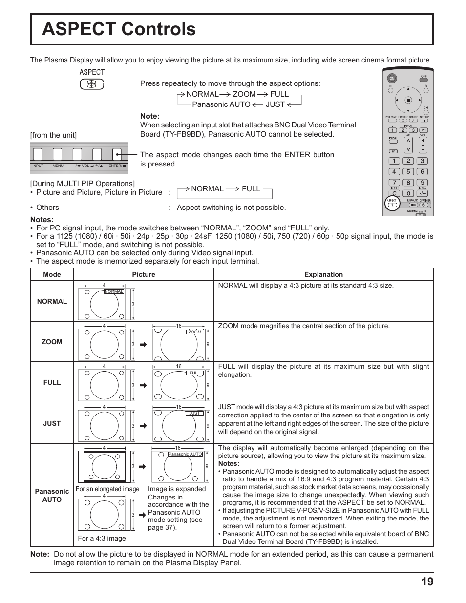 Aspect controls | Panasonic TH-37PH10UK User Manual | Page 19 / 53