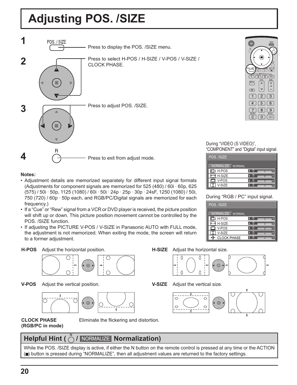 Adjusting pos. /size, Helpful hint, Normalization) | Panasonic TH-37PH10UK User Manual | Page 20 / 53