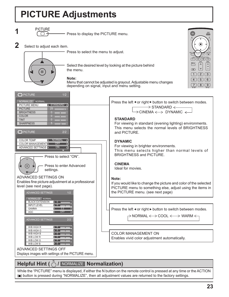 Picture adjustments, Helpful hint, Normalization) | Panasonic TH-37PH10UK User Manual | Page 23 / 53