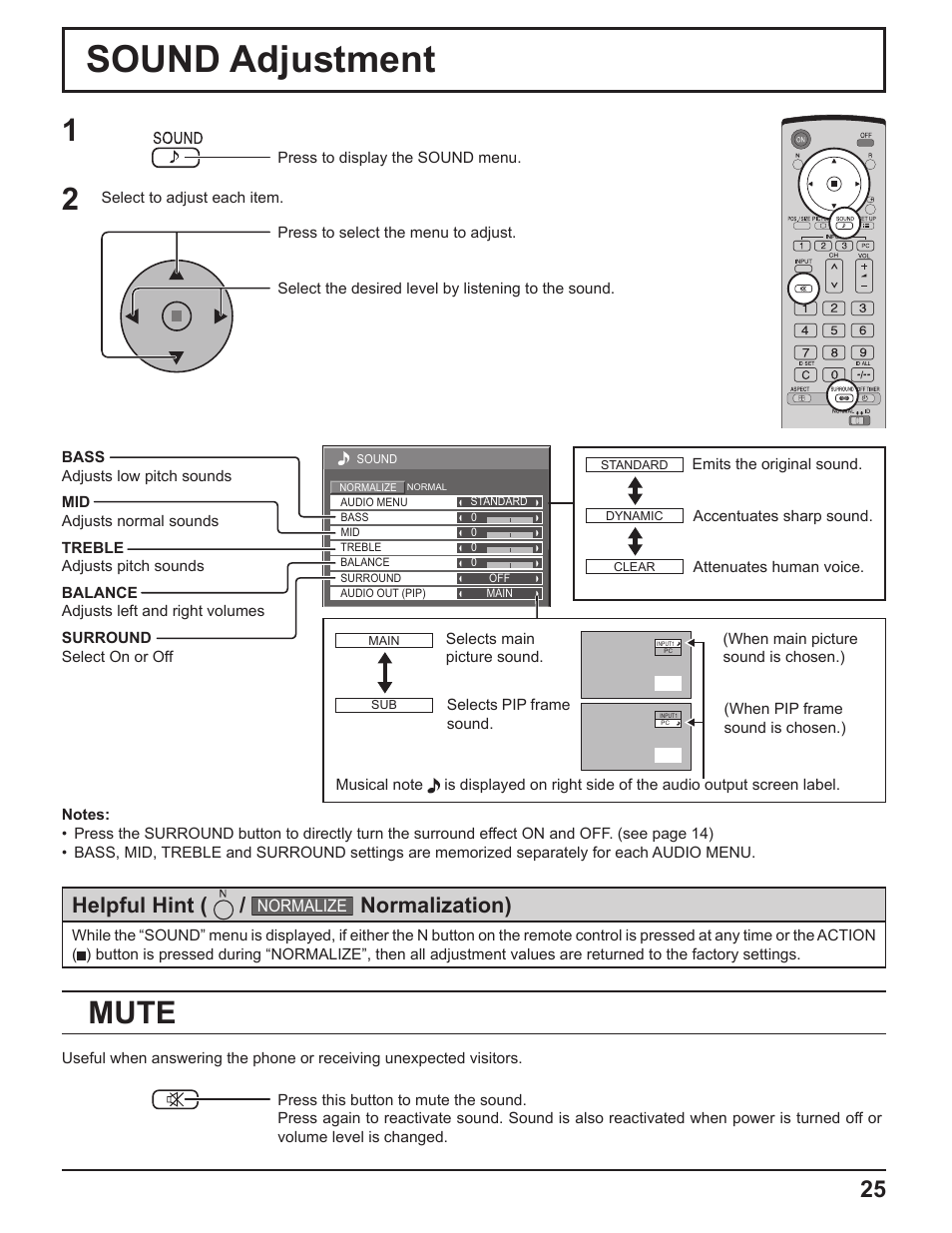 Sound adjustment, Mute, Helpful hint | Normalization) | Panasonic TH-37PH10UK User Manual | Page 25 / 53