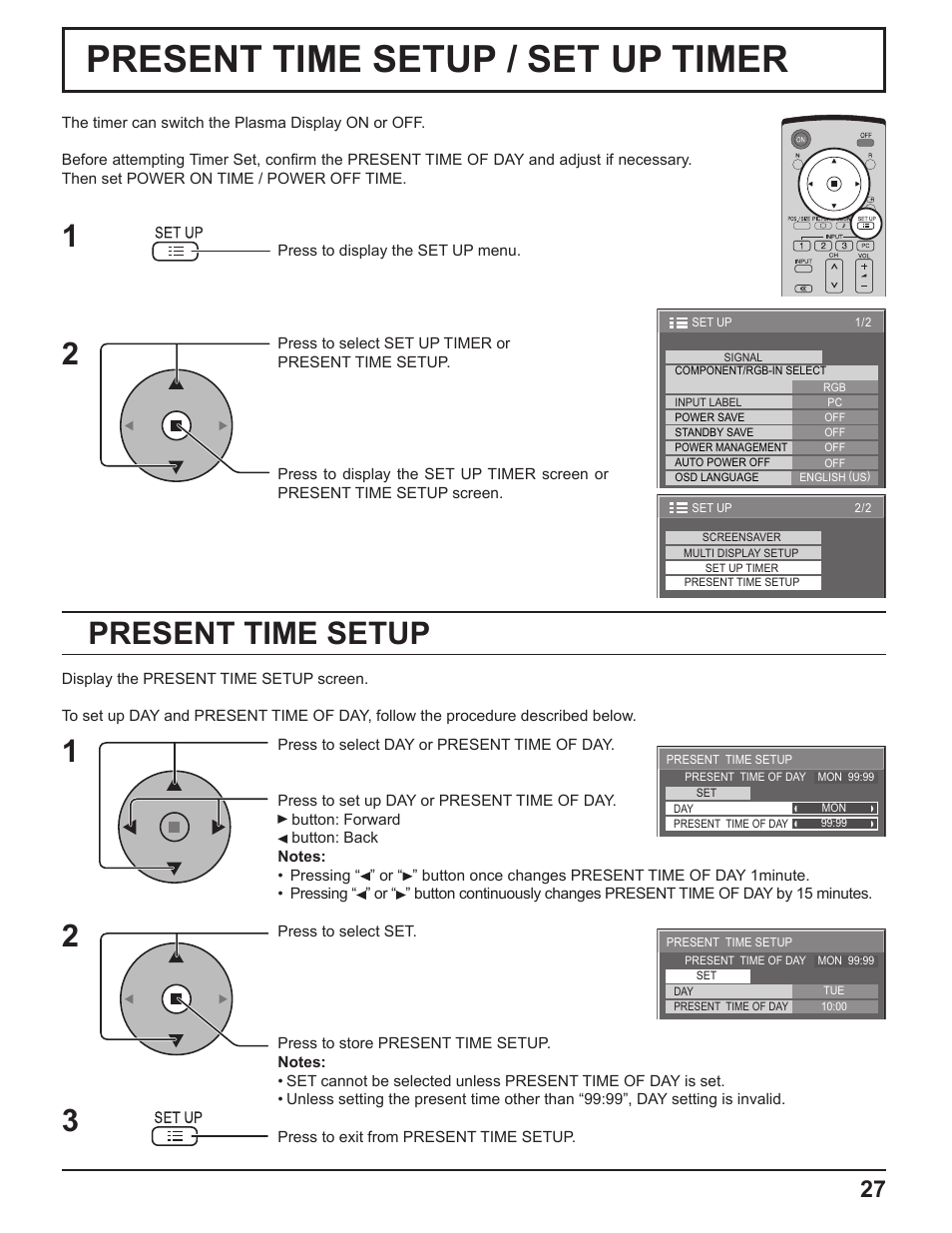 Present time setup / set up timer, Present time setup | Panasonic TH-37PH10UK User Manual | Page 27 / 53