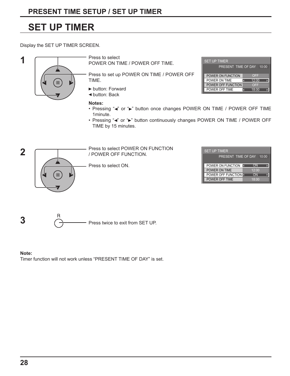 Set up timer, Present time setup / set up timer | Panasonic TH-37PH10UK User Manual | Page 28 / 53