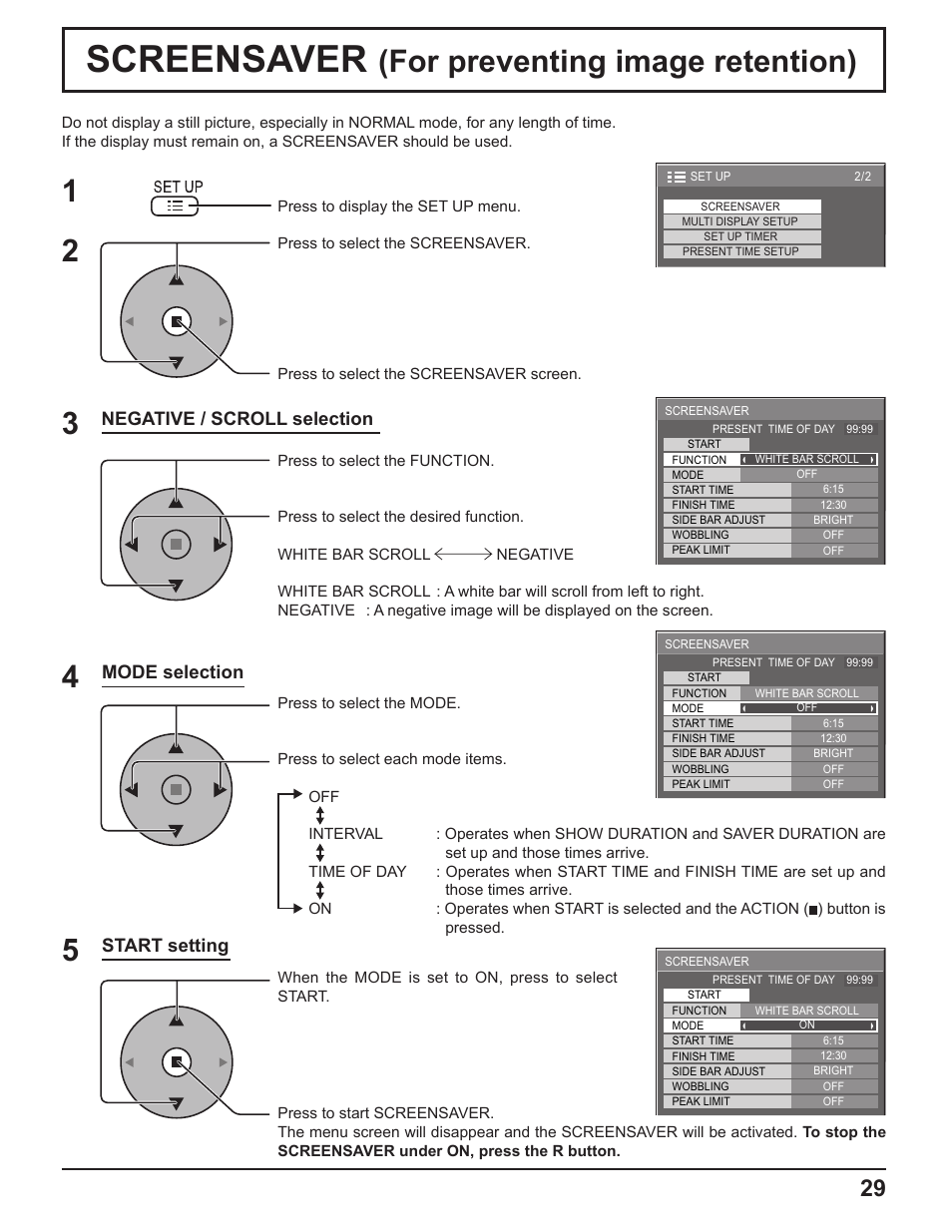 Screensaver, For preventing image retention), Negative / scroll selection | Mode selection start setting | Panasonic TH-37PH10UK User Manual | Page 29 / 53