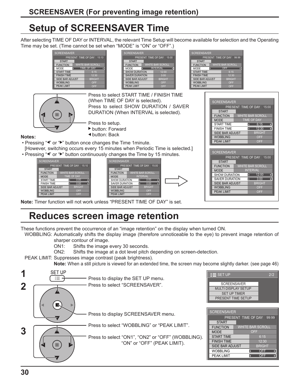 Setup of screensaver time, Reduces screen image retention, Screensaver (for preventing image retention) | Press to display the set up menu | Panasonic TH-37PH10UK User Manual | Page 30 / 53