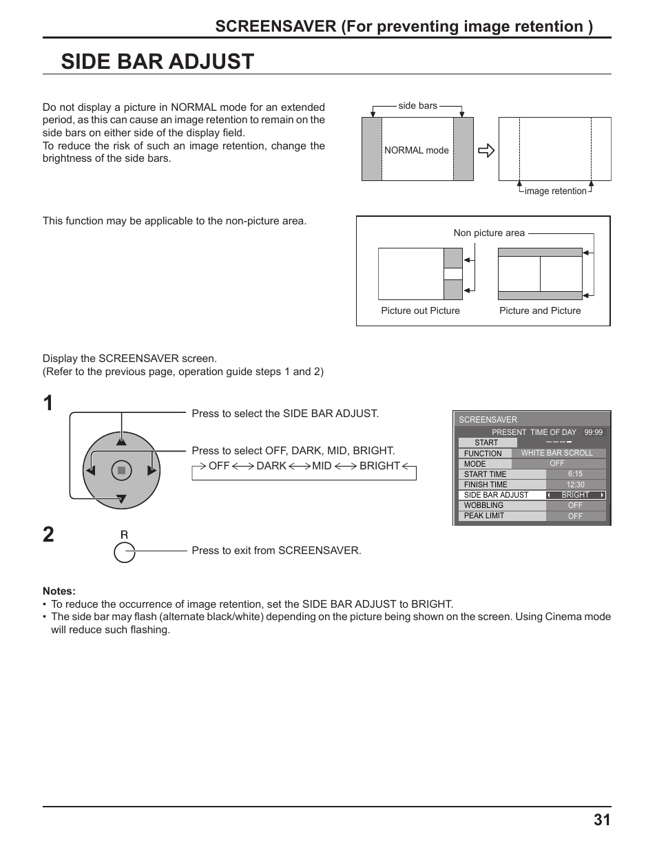 Side bar adjust 1, Screensaver (for preventing image retention ) | Panasonic TH-37PH10UK User Manual | Page 31 / 53