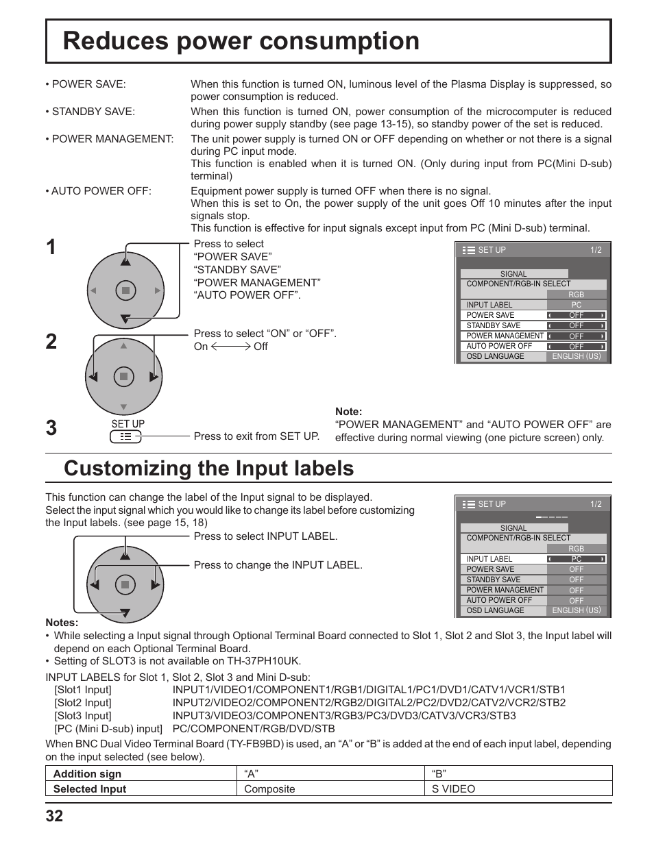 Reduces power consumption, Customizing the input labels | Panasonic TH-37PH10UK User Manual | Page 32 / 53