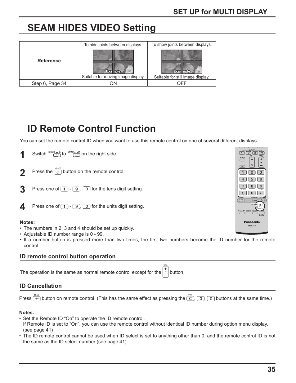 Id remote control function, Seam hides video setting, 35 set up for multi display | Panasonic TH-37PH10UK User Manual | Page 35 / 53