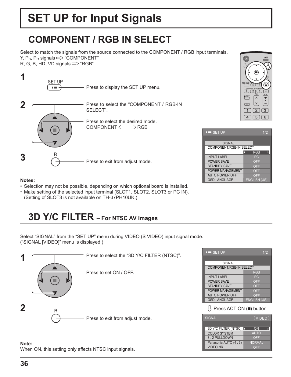Set up for input signals, 3d y/c filter, Component / rgb in select | For ntsc av images | Panasonic TH-37PH10UK User Manual | Page 36 / 53