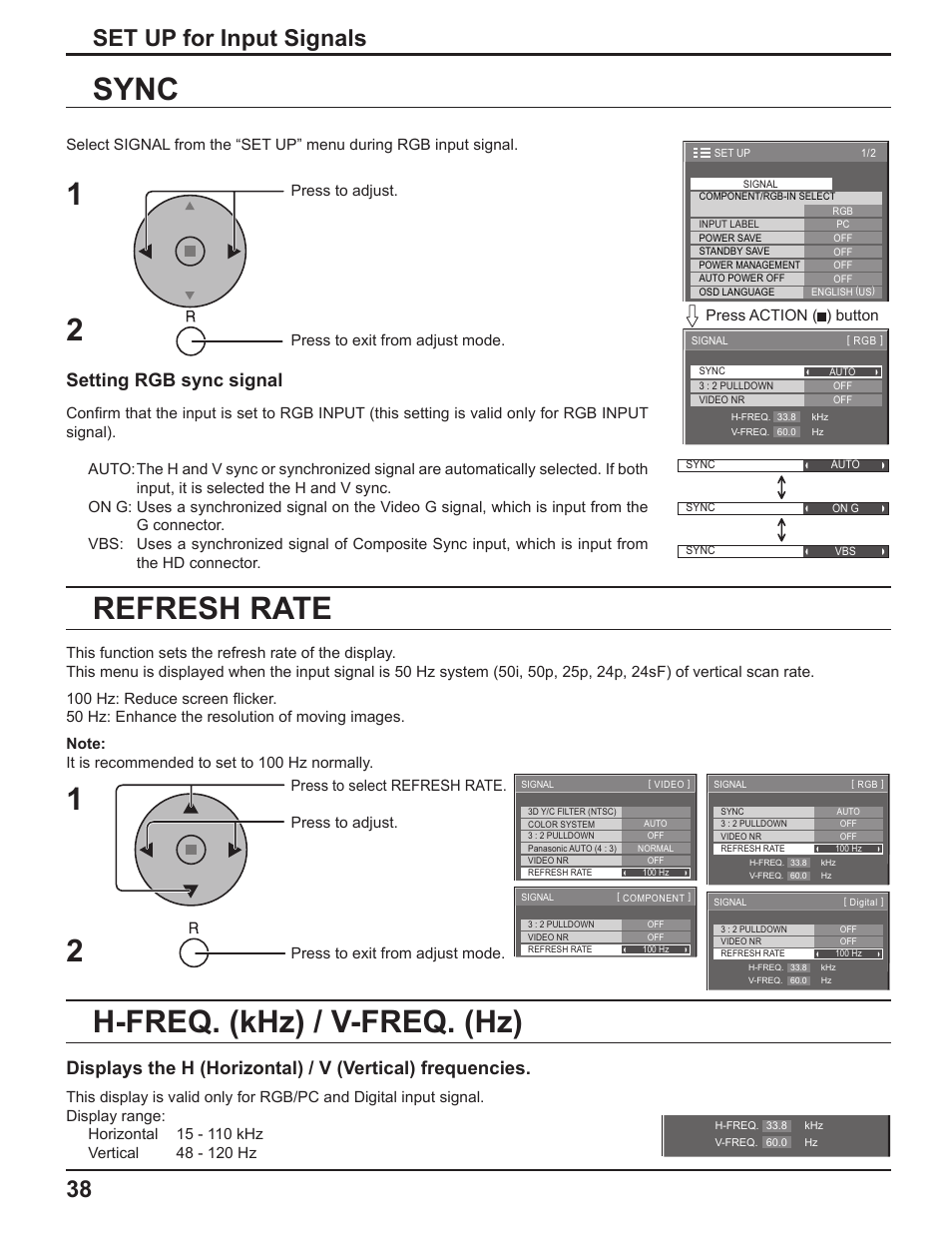 Sync, H-freq. (khz) / v-freq. (hz) 1 2, Refresh rate | Set up for input signals, Setting rgb sync signal | Panasonic TH-37PH10UK User Manual | Page 38 / 53