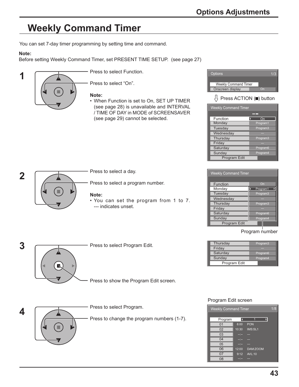Weekly command timer, Options adjustments | Panasonic TH-37PH10UK User Manual | Page 43 / 53