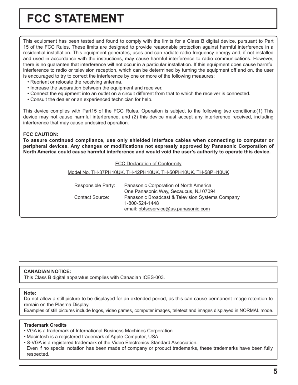 Fcc statement | Panasonic TH-37PH10UK User Manual | Page 5 / 53