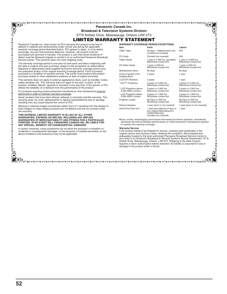 Limited warranty statement | Panasonic TH-37PH10UK User Manual | Page 52 / 53