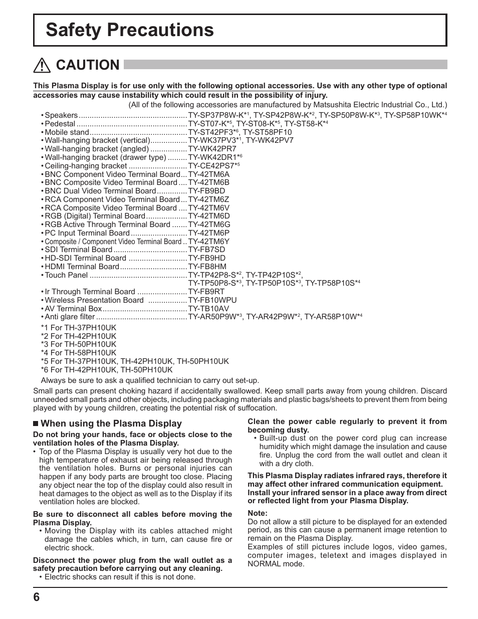 Safety precautions, Caution, When using the plasma display | Panasonic TH-37PH10UK User Manual | Page 6 / 53
