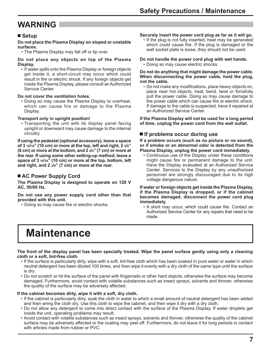 Maintenance, Warning, 7safety precautions / maintenance | Panasonic TH-37PH10UK User Manual | Page 7 / 53