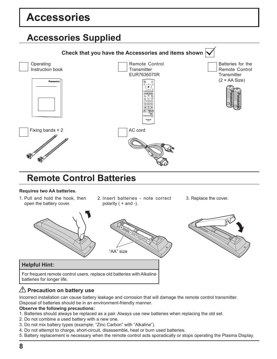 Accessories, Accessories supplied, Remote control batteries | Panasonic TH-37PH10UK User Manual | Page 8 / 53