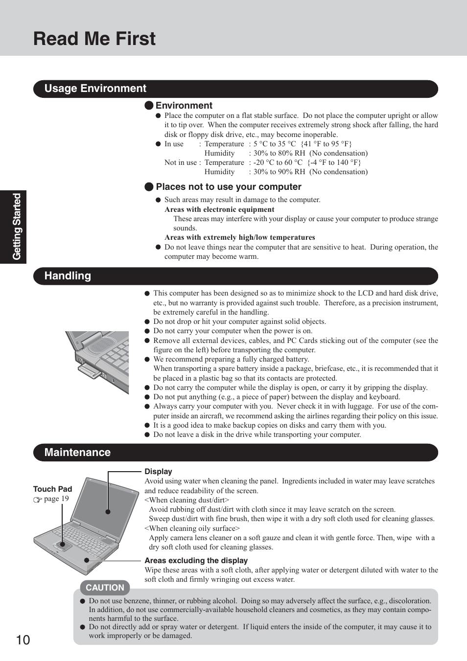 Read me first, Usage environment, Handling | Maintenance | Panasonic CF-50 User Manual | Page 10 / 44