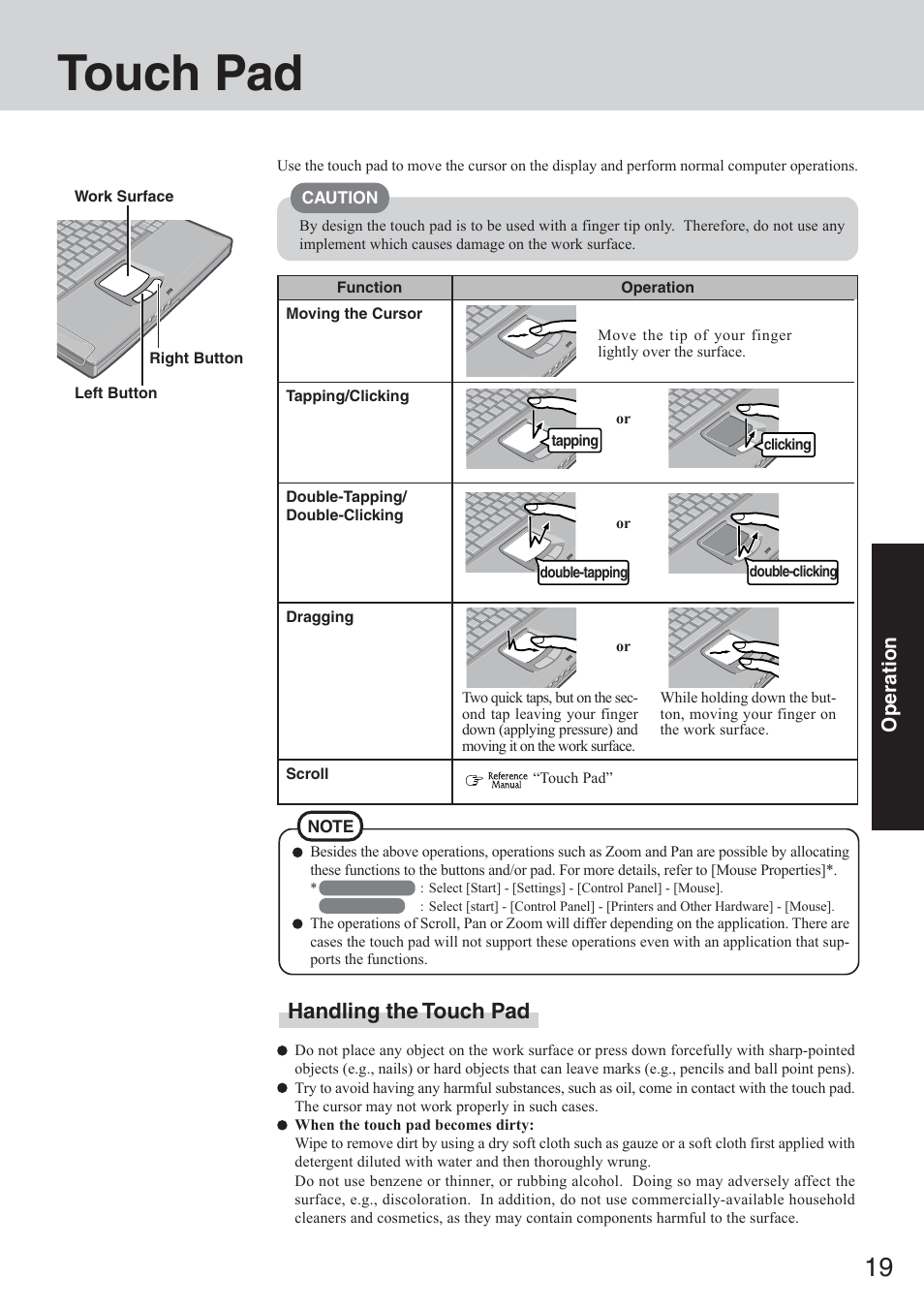 Touch pad, Handling the touch pad | Panasonic CF-50 User Manual | Page 19 / 44