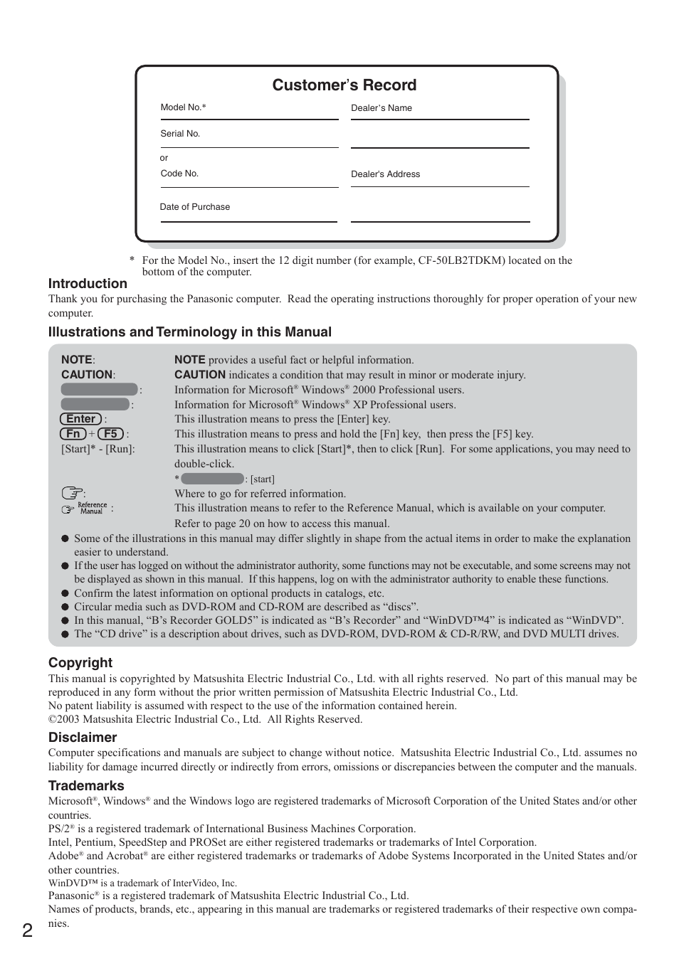 Customer ’ s record, Introduction, Disclaimer | Trademarks | Panasonic CF-50 User Manual | Page 2 / 44