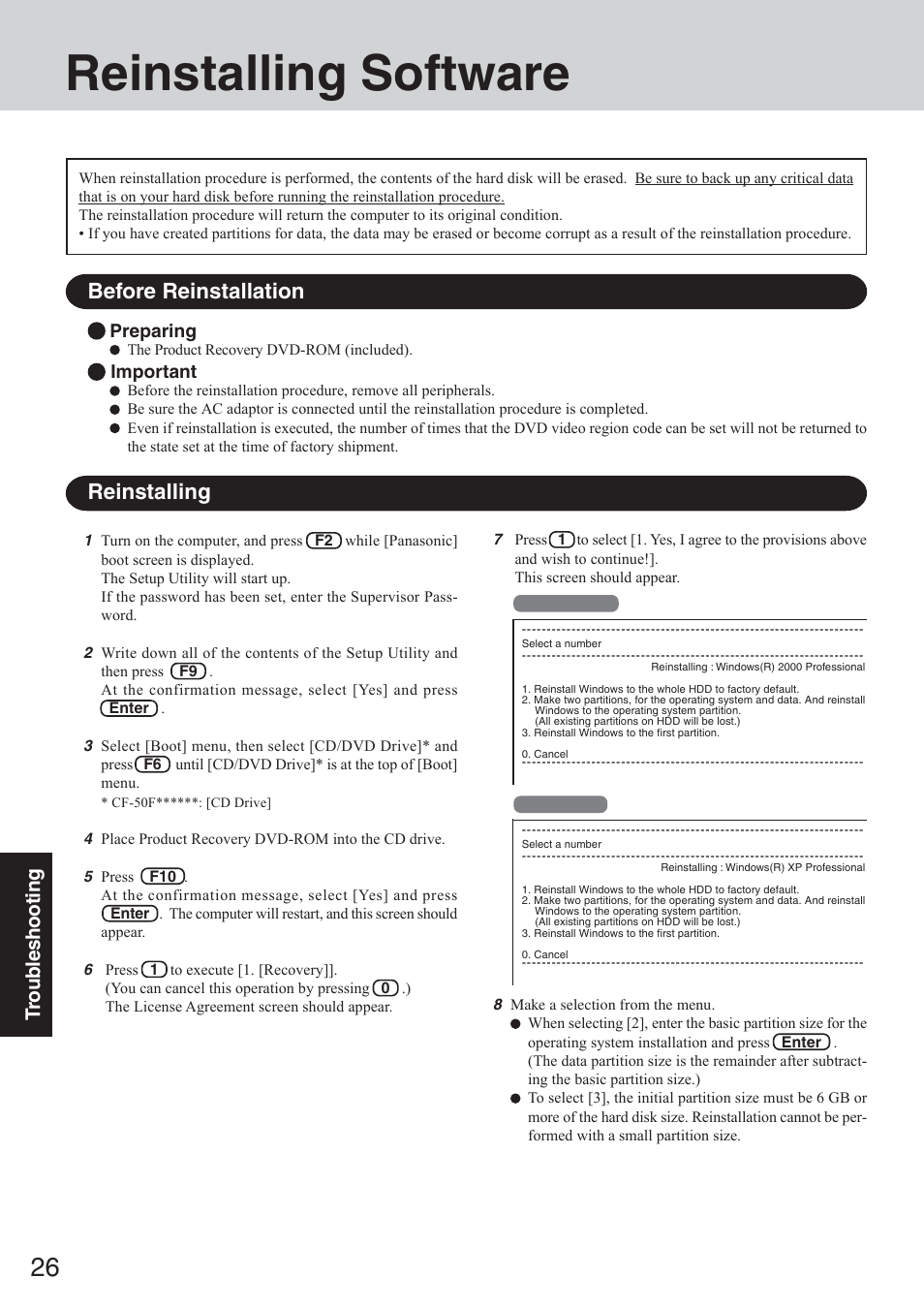 Reinstalling software, Before reinstallation, Reinstalling | Troub leshooting | Panasonic CF-50 User Manual | Page 26 / 44