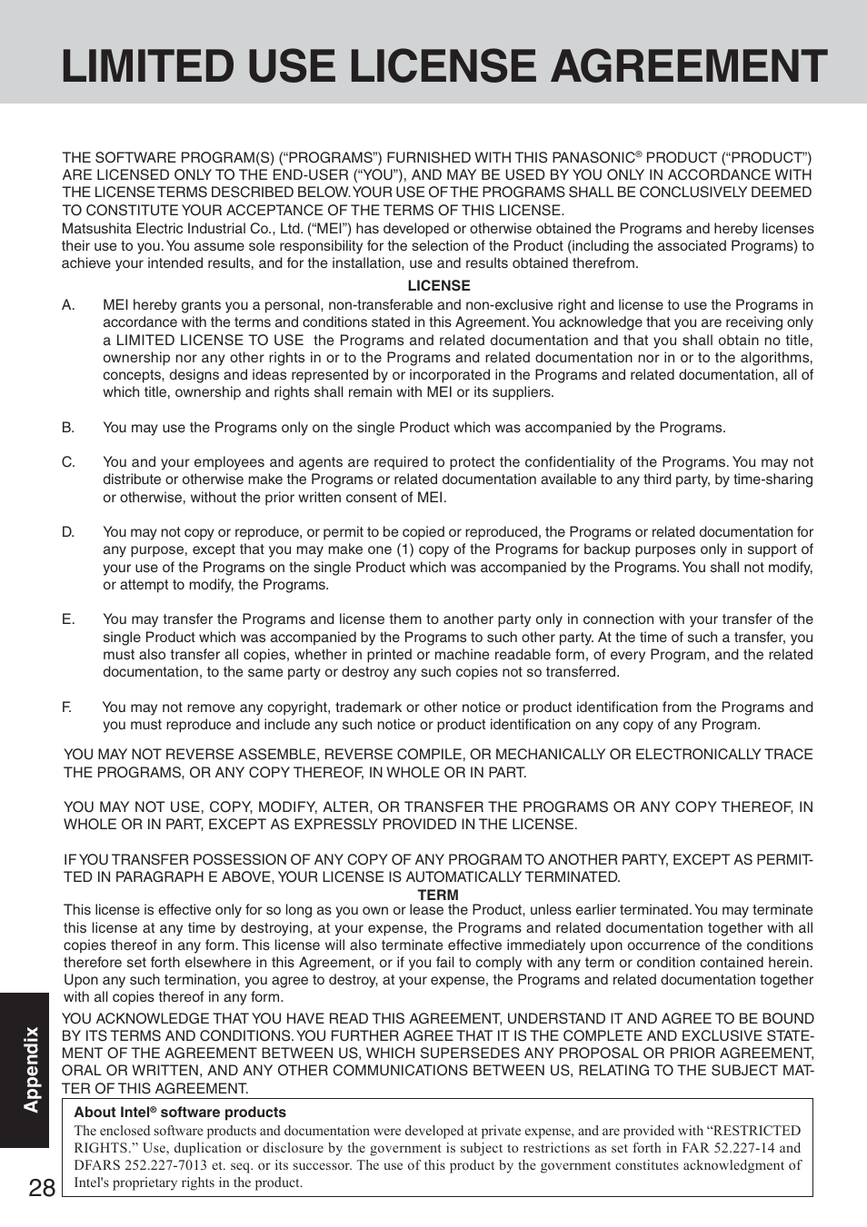 Limited use license agreement | Panasonic CF-50 User Manual | Page 28 / 44