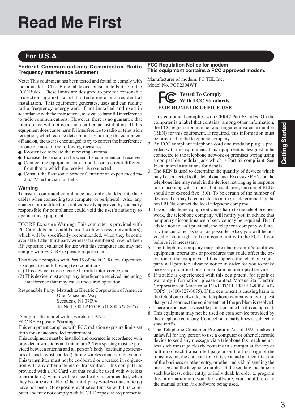 Read me first, For u.s.a | Panasonic CF-50 User Manual | Page 3 / 44