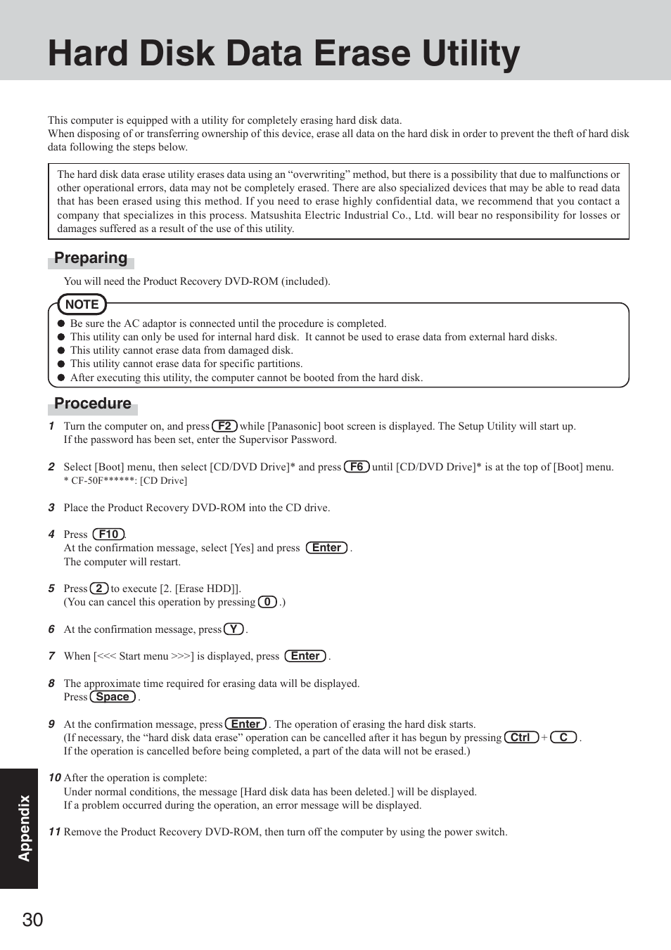 Hard disk data erase utility, Preparing, Procedure | Panasonic CF-50 User Manual | Page 30 / 44