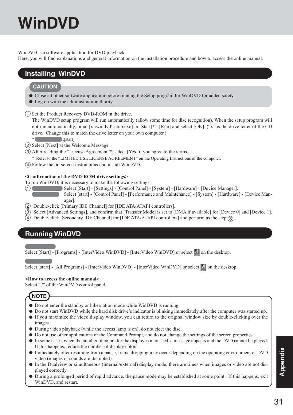 Windvd, Installing windvd, Running windvd | Panasonic CF-50 User Manual | Page 31 / 44