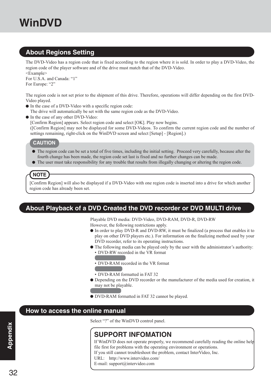 Windvd, Support infomation | Panasonic CF-50 User Manual | Page 32 / 44