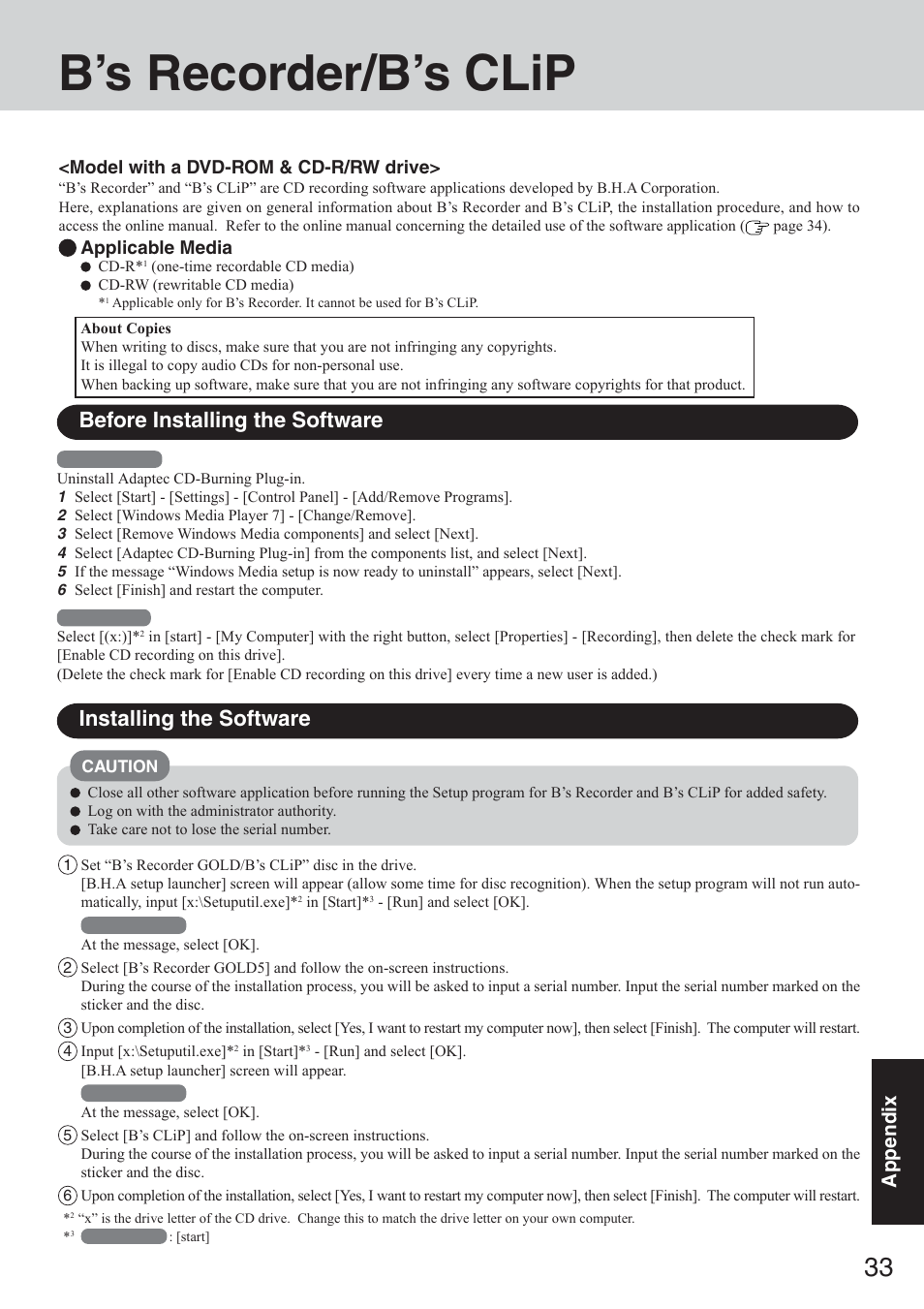 B’s recorder/b’s clip, Appendix | Panasonic CF-50 User Manual | Page 33 / 44