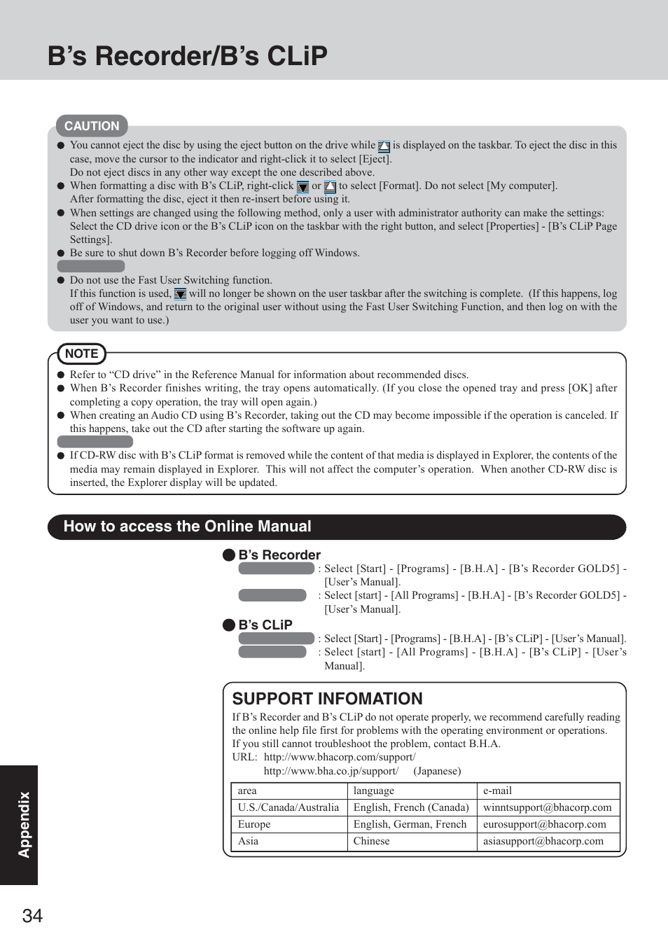 B’s recorder/b’s clip, Support infomation, How to access the online manual | Panasonic CF-50 User Manual | Page 34 / 44