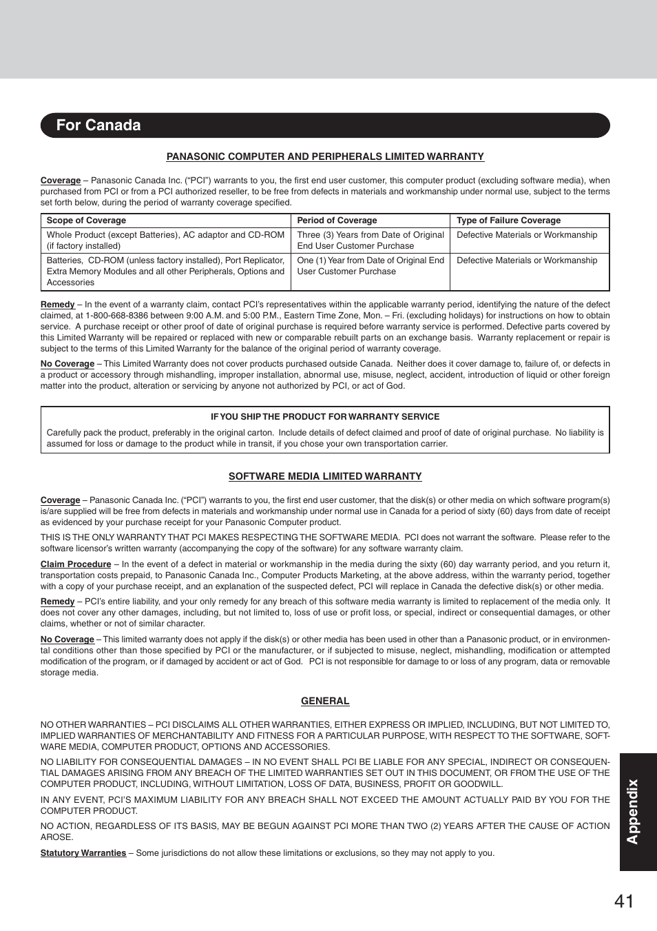 For canada, Appendix | Panasonic CF-50 User Manual | Page 41 / 44