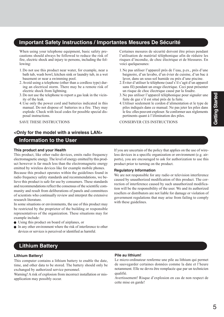 Information to the user, Lithium battery | Panasonic CF-50 User Manual | Page 5 / 44