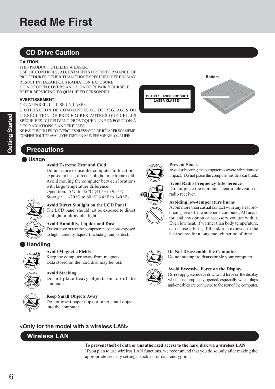 Read me first, Precautions cd drive caution, Wireless lan | Getting star ted | Panasonic CF-50 User Manual | Page 6 / 44