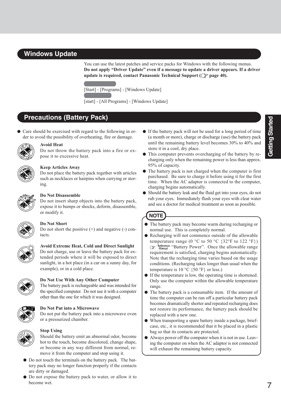 Precautions (battery pack), Windows update | Panasonic CF-50 User Manual | Page 7 / 44