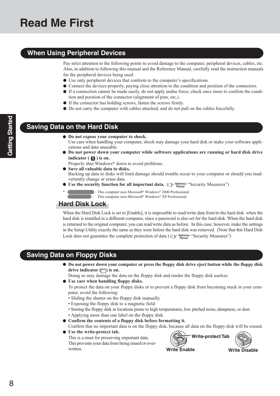 Read me first, Saving data on the hard disk, Saving data on floppy disks | Hard disk lock, When using peripheral devices, Getting star ted | Panasonic CF-50 User Manual | Page 8 / 44