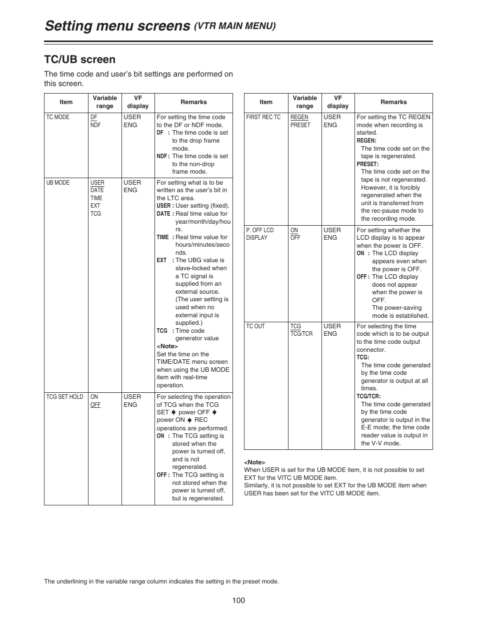 Setting menu screens, Tc/ub screen, Vtr main menu) | Panasonic AJ-HDC27A User Manual | Page 100 / 116