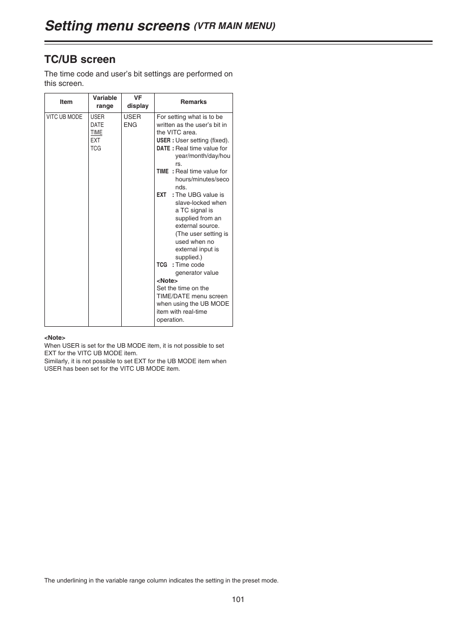 Setting menu screens, Tc/ub screen, Vtr main menu) | Panasonic AJ-HDC27A User Manual | Page 101 / 116