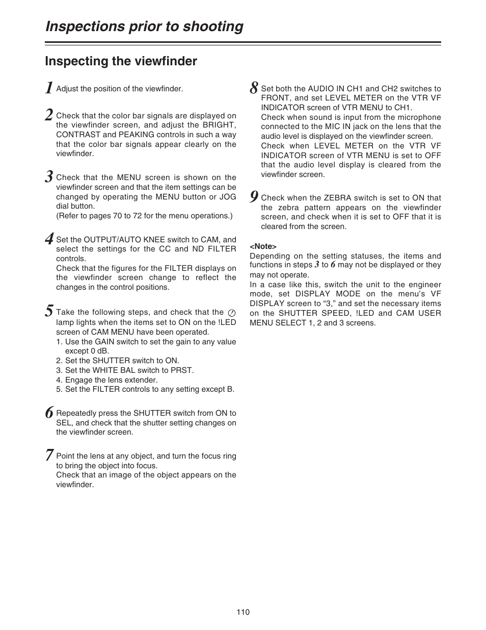 Inspecting the viewfinder, Inspections prior to shooting | Panasonic AJ-HDC27A User Manual | Page 110 / 116